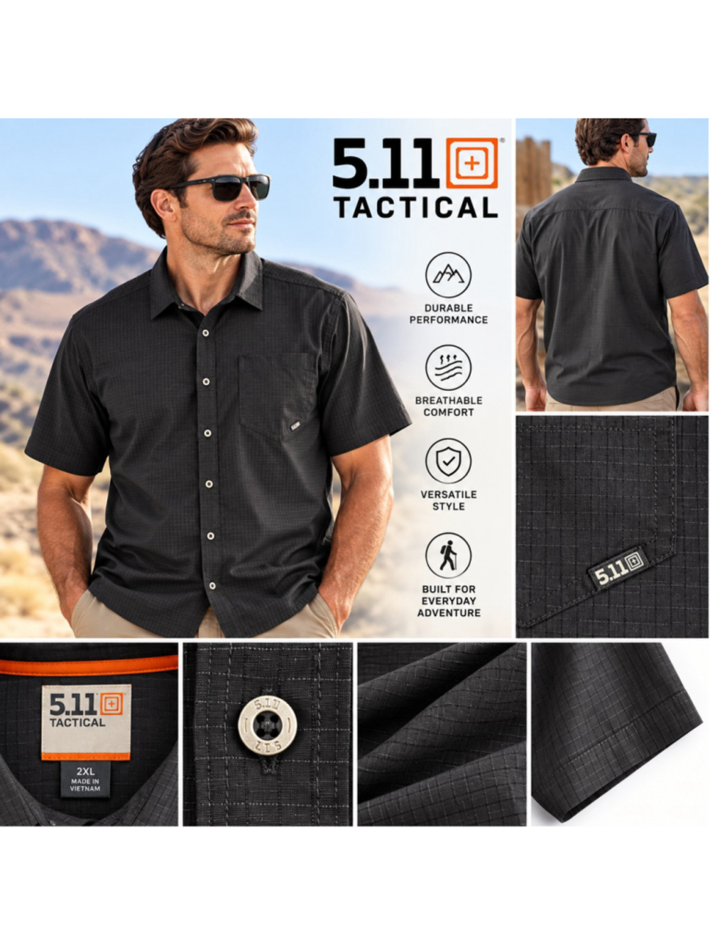 5.11 Tactical Men’s 2XL Black Short Sleeve Button Down Shirt Ripstop
